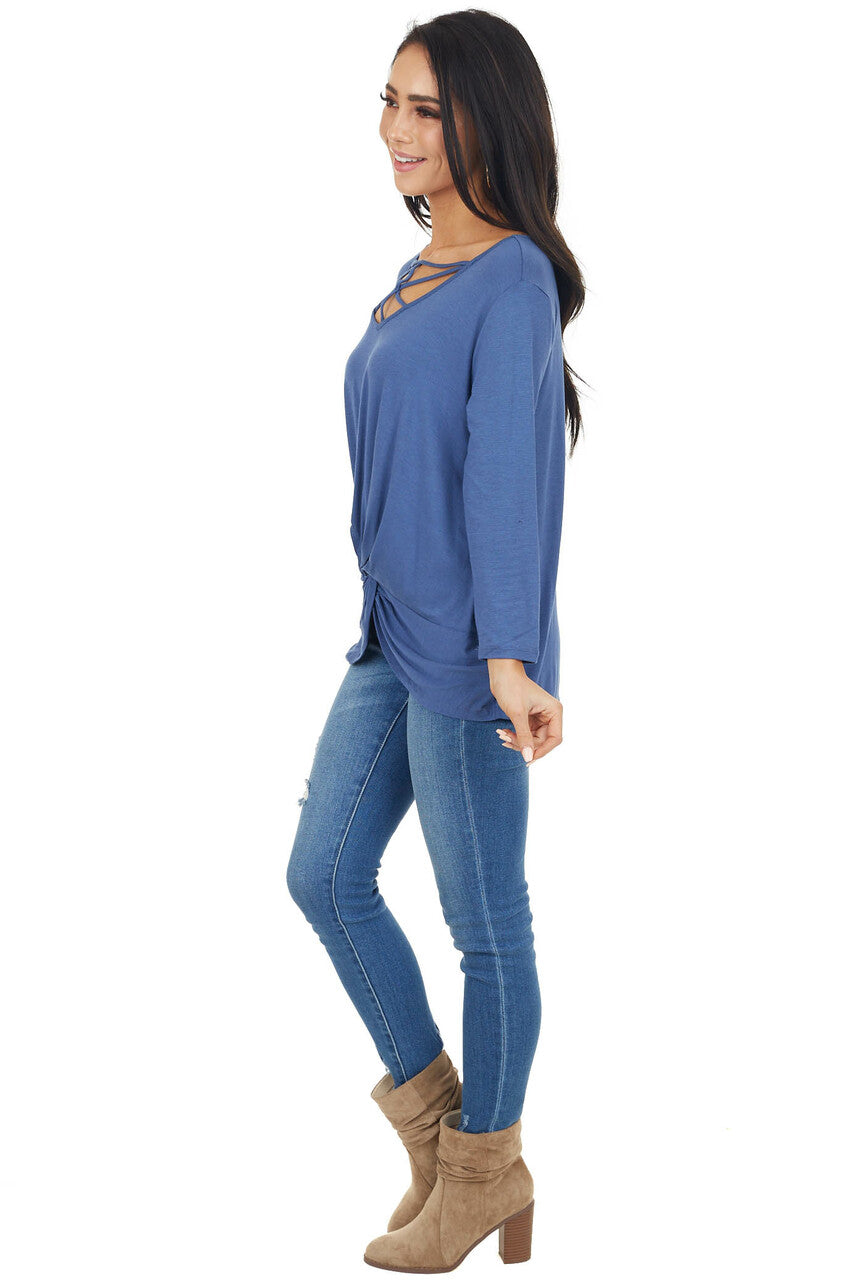 Dusty Blue 3/4 Sleeve Top with Caged Neckline Detail