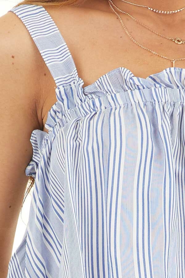 Dusty Blue and Ivory Striped Tank Top with Cropped Hemline detail