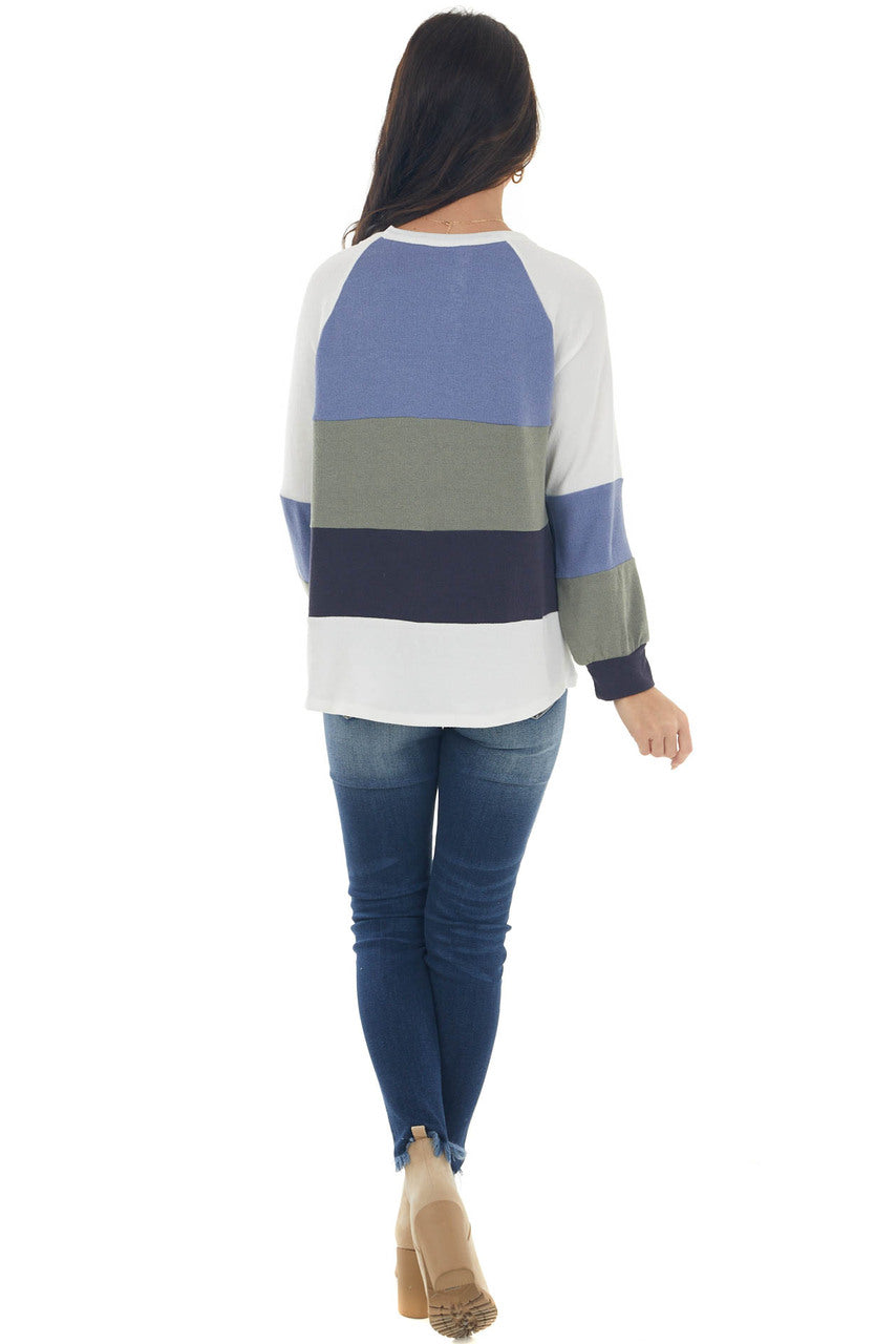 Dusty Blue Colorblock Long Sleeve Knit Top 