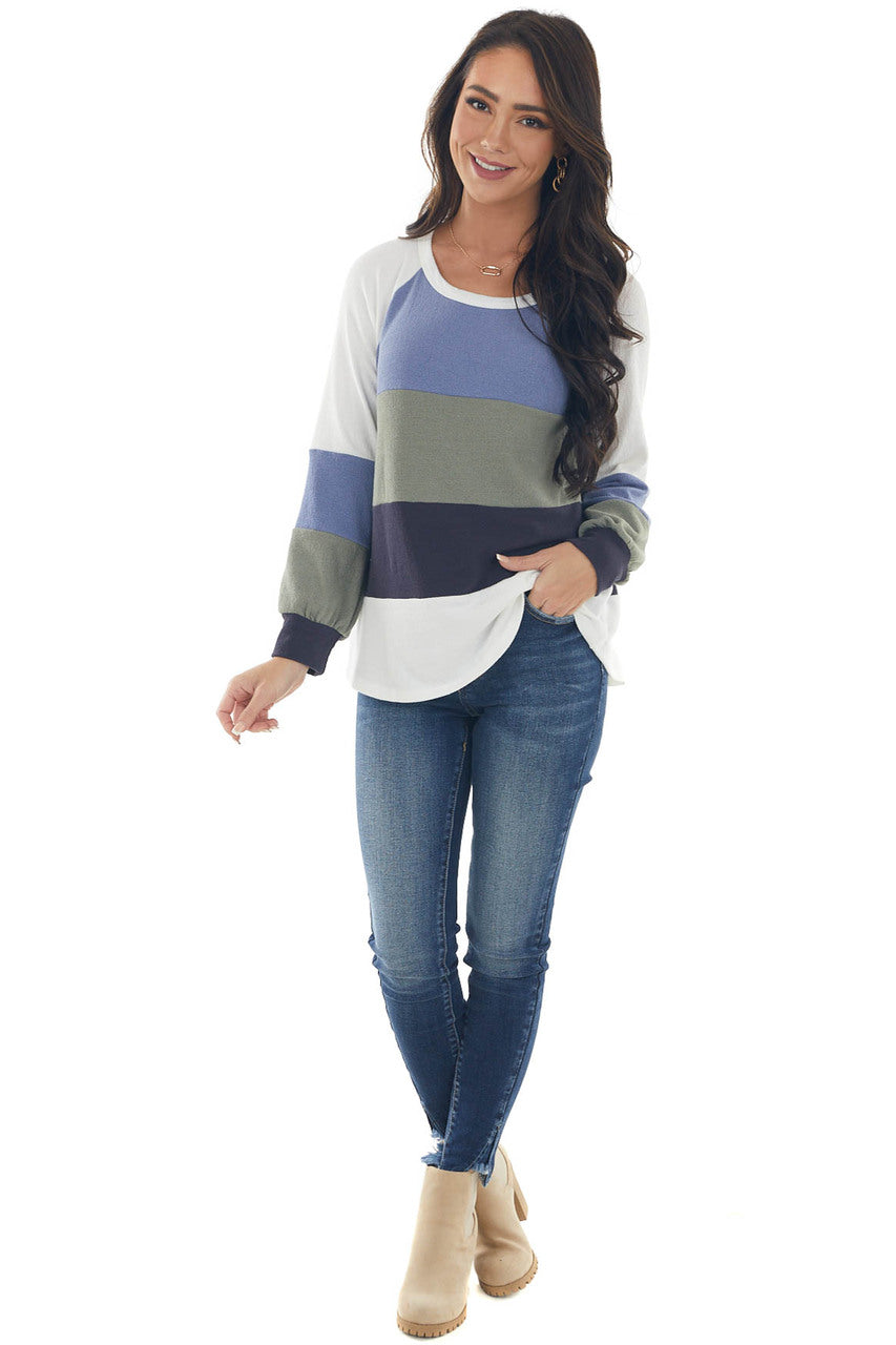 Dusty Blue Colorblock Long Sleeve Knit Top 