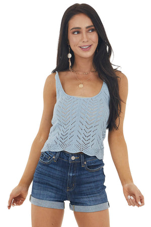 Dusty Blue Cropped Crochet Knit Tank Top with Scalloped Hem