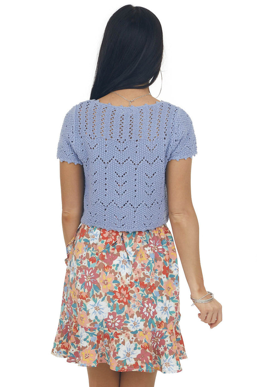 Dusty Blue Cropped Crochet Knit Tie Cardigan 