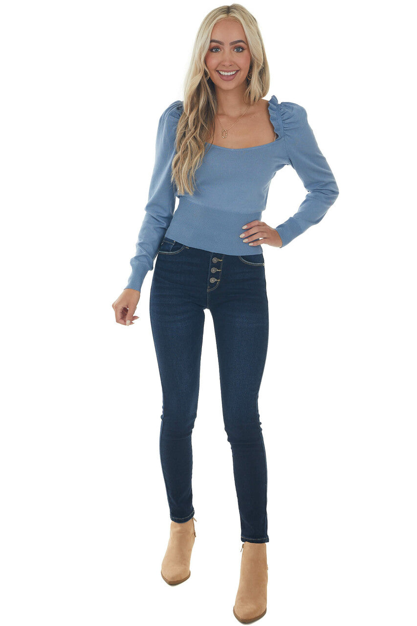 Dusty Blue Frill Trim Puff Shoulder Sweater