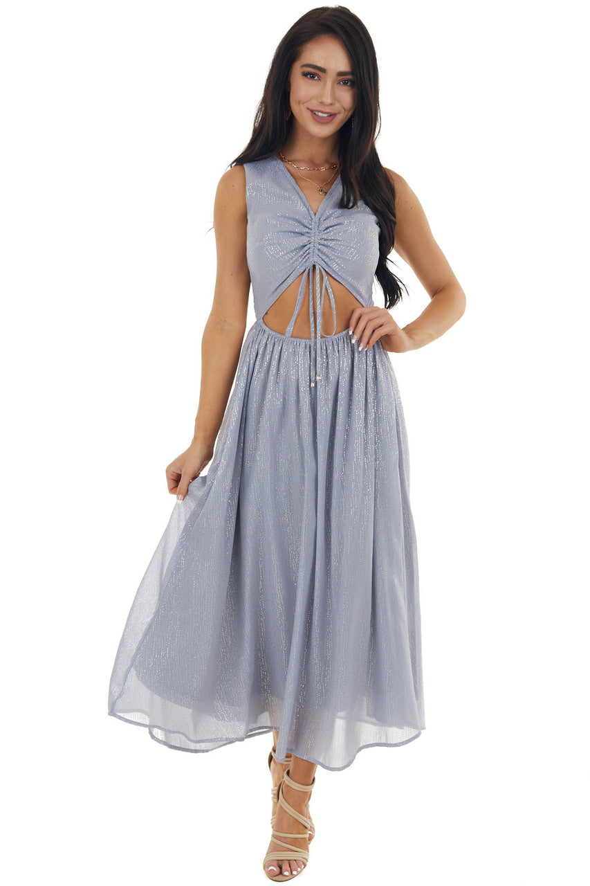 Dusty Blue Glitter Sleeveless Midi Woven Dress with Cut Out