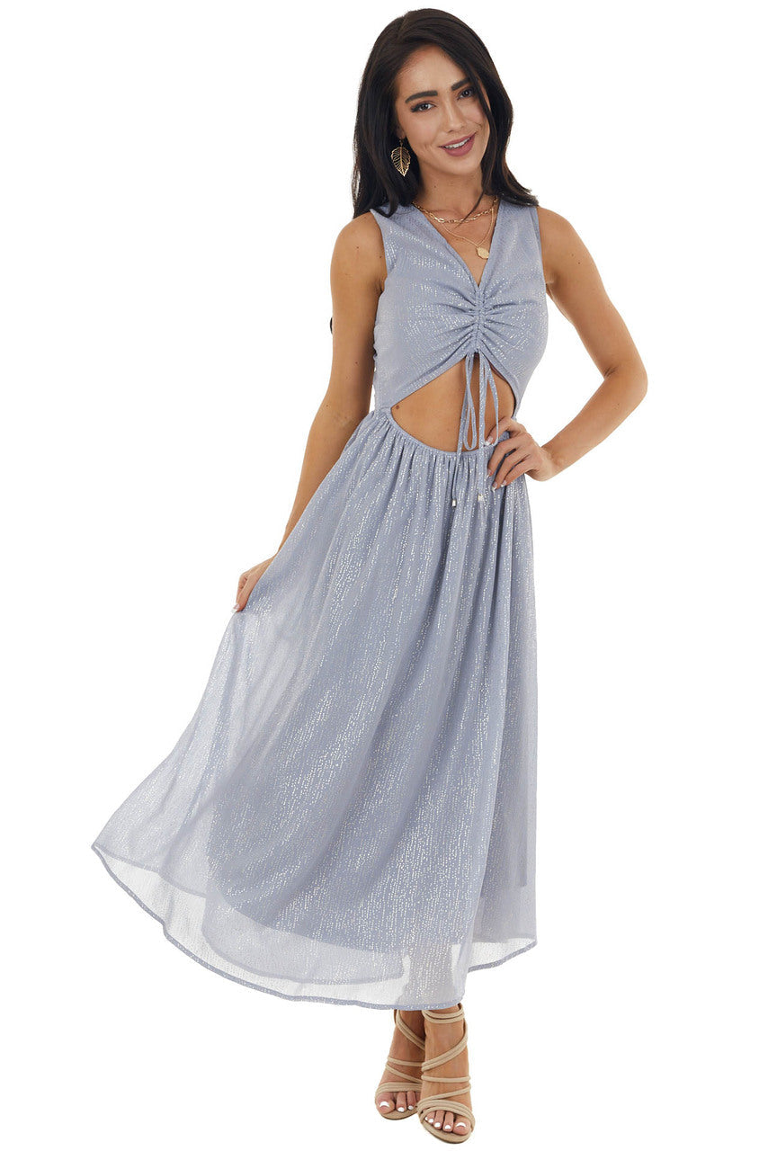 Dusty Blue Glitter Sleeveless Midi Woven Dress with Cut Out