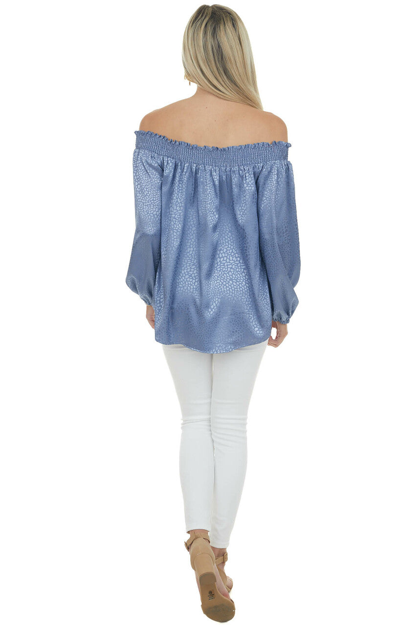 Dusty Blue Metallic Cheetah Off Shoulder Top