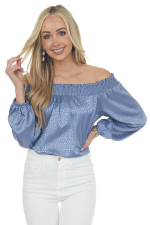 Dusty Blue Metallic Cheetah Off Shoulder Top