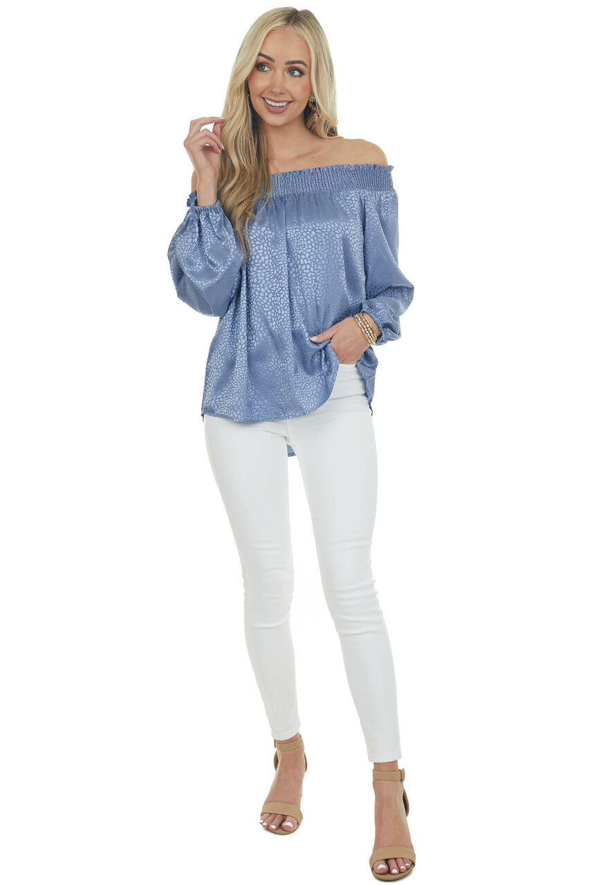 Dusty Blue Metallic Cheetah Off Shoulder Top