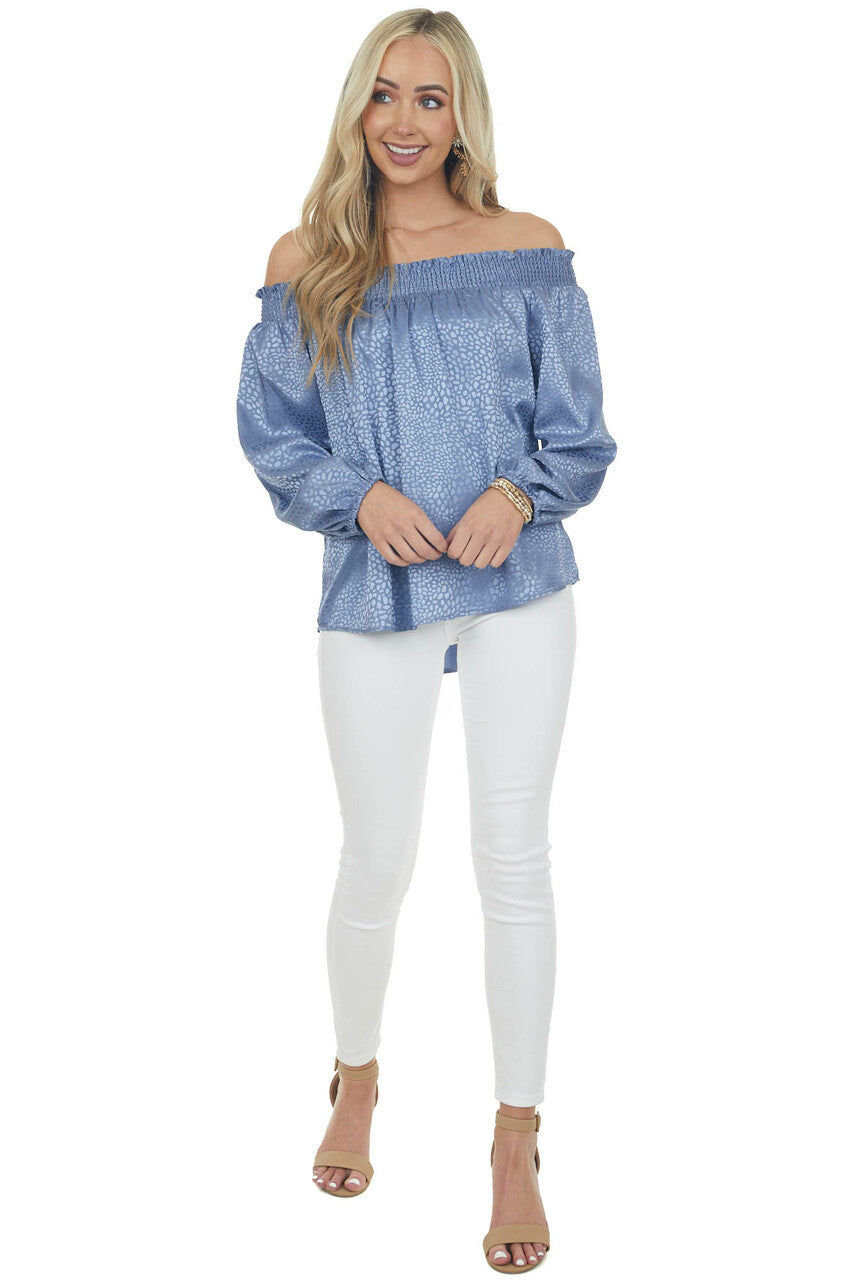 Dusty Blue Metallic Cheetah Off Shoulder Top