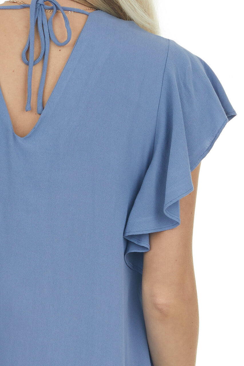 Dusty Blue Pintuck Flutter Sleeve Shift Dress 