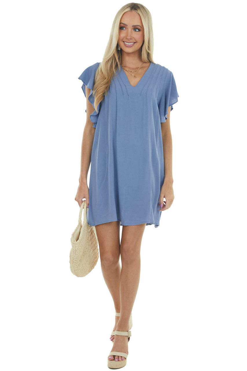 Dusty Blue Pintuck Flutter Sleeve Shift Dress 