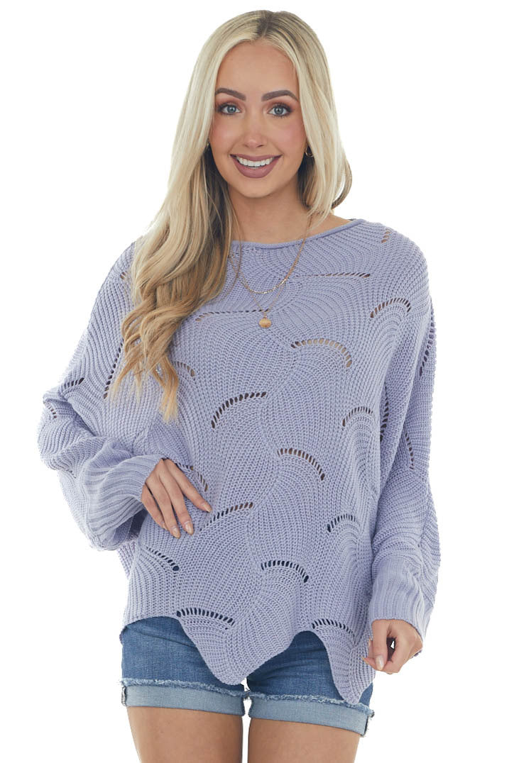 Dusty Blue Scalloped Pointelle Light Sweater