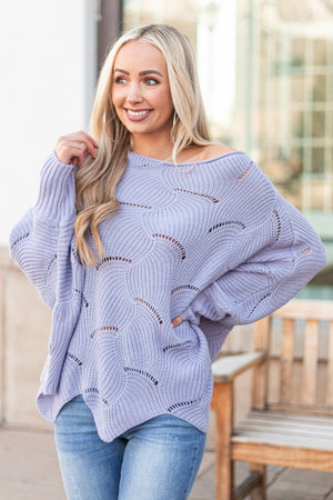 Dusty Blue Scalloped Pointelle Light Sweater