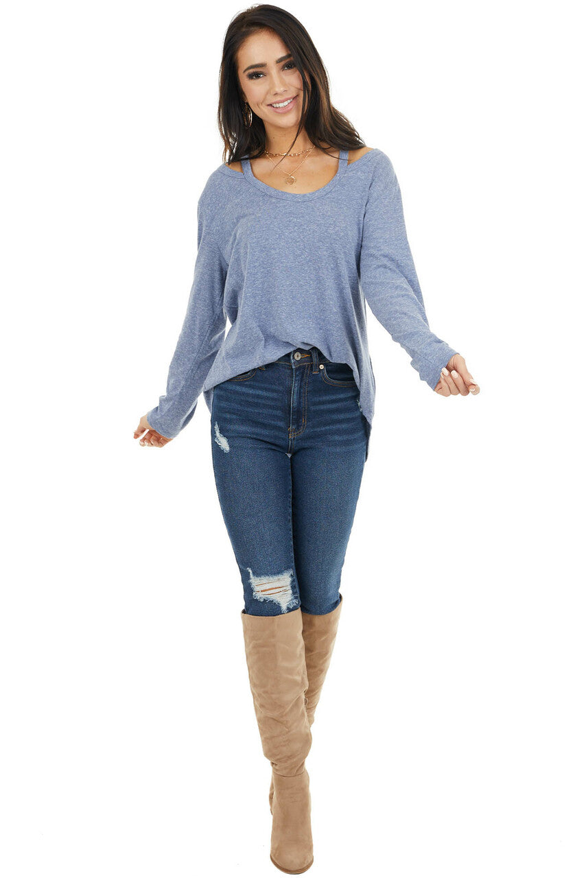 Dusty Blue Shoulder Cutout Long Sleeve Stretchy Knit Top