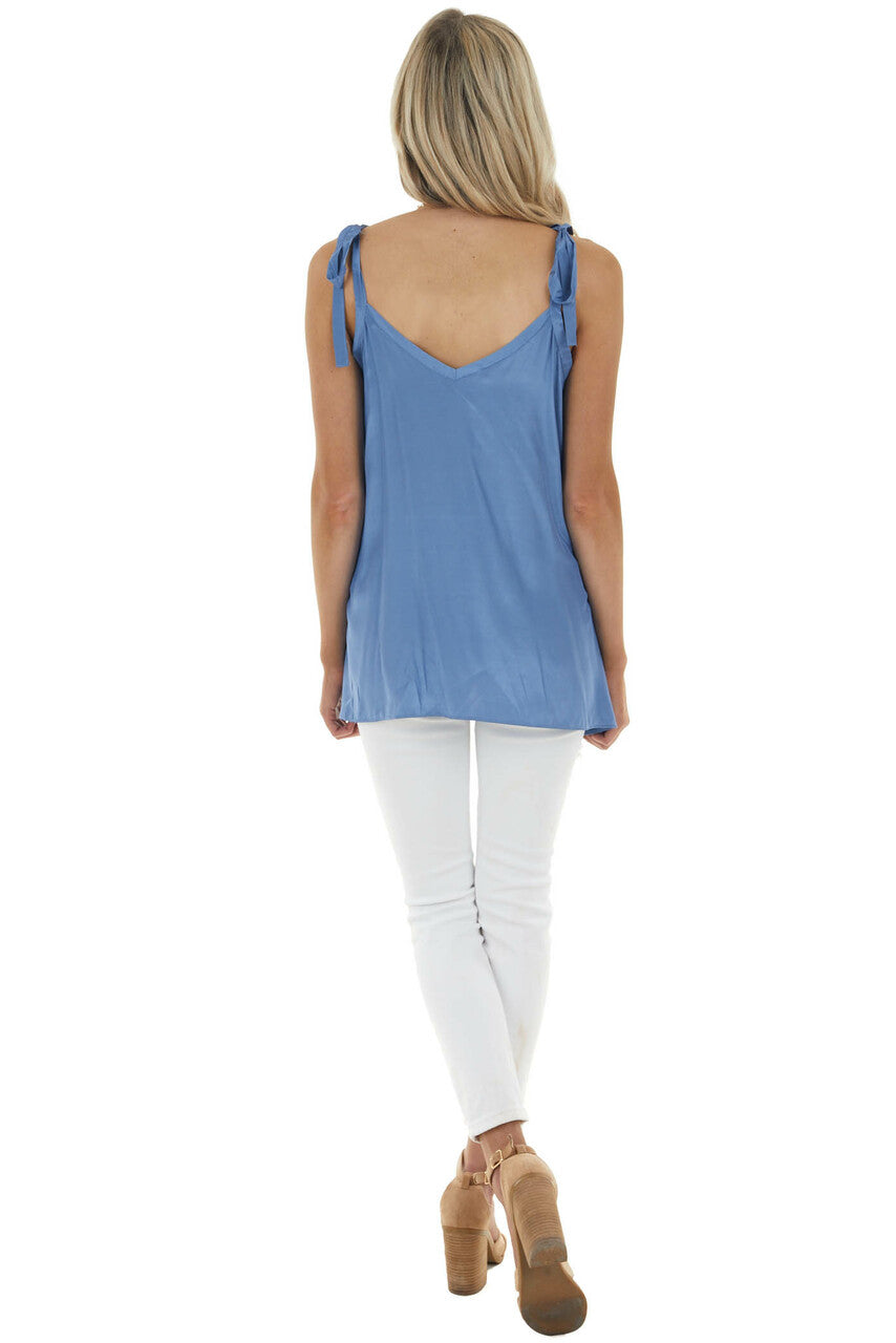  Dusty Blue Sleeveless Woven Satin Blouse with Tie Straps