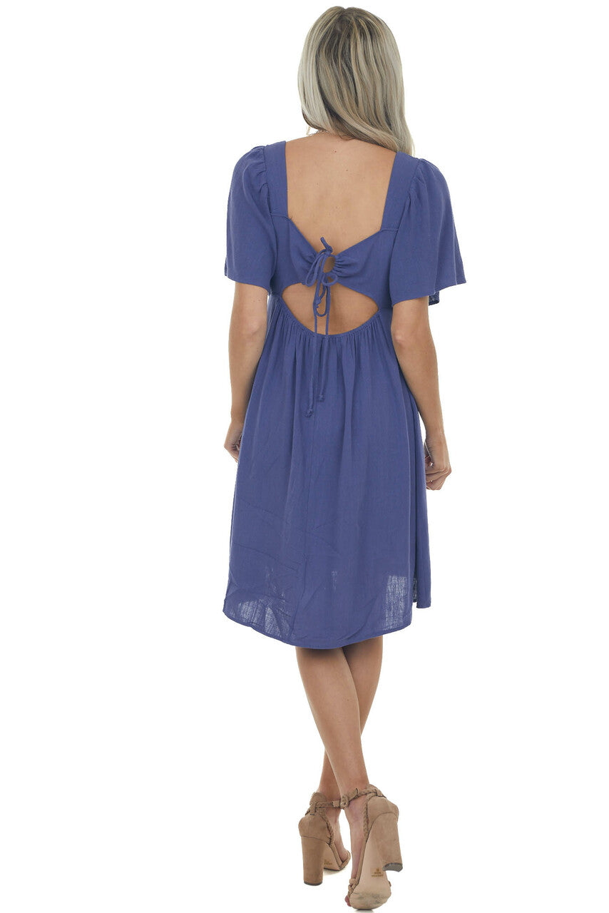 Dusty Blue Smocked Flutter Sleeve Linen Dress 