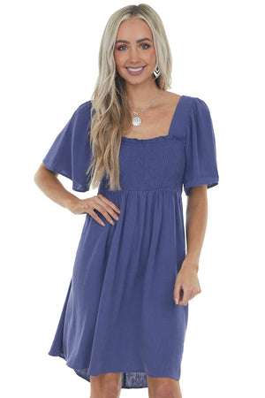 Dusty Blue Smocked Flutter Sleeve Linen Dress 