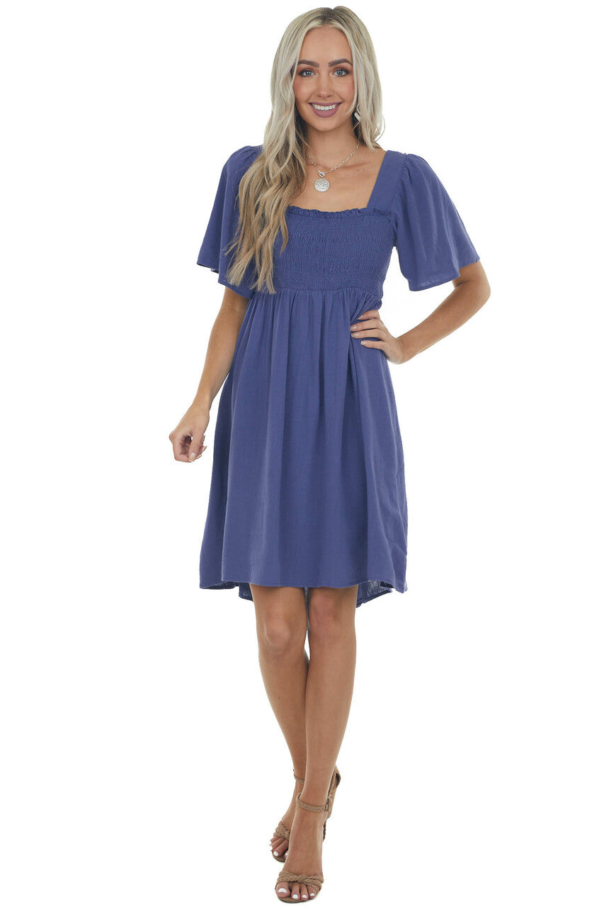 Dusty Blue Smocked Flutter Sleeve Linen Dress 