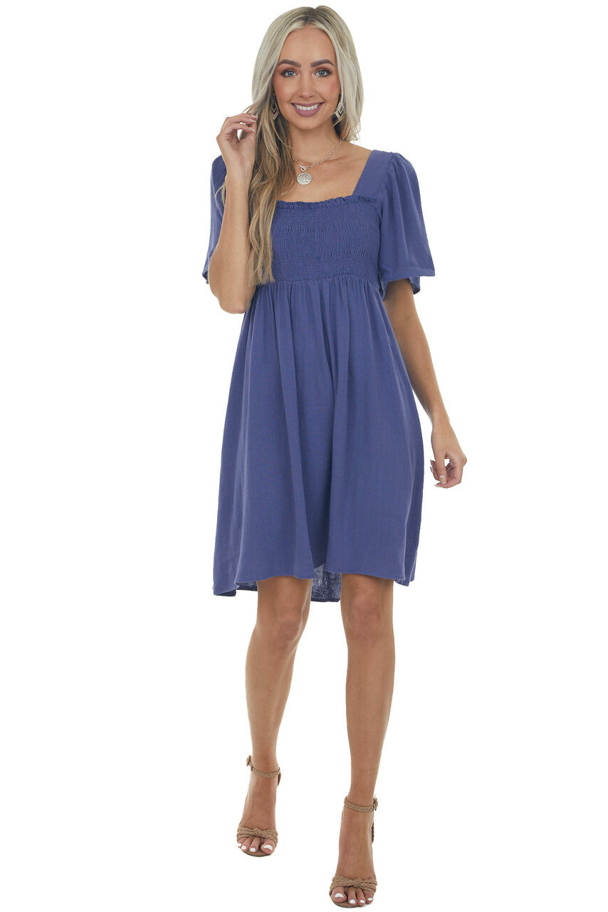 Dusty Blue Smocked Flutter Sleeve Linen Dress 