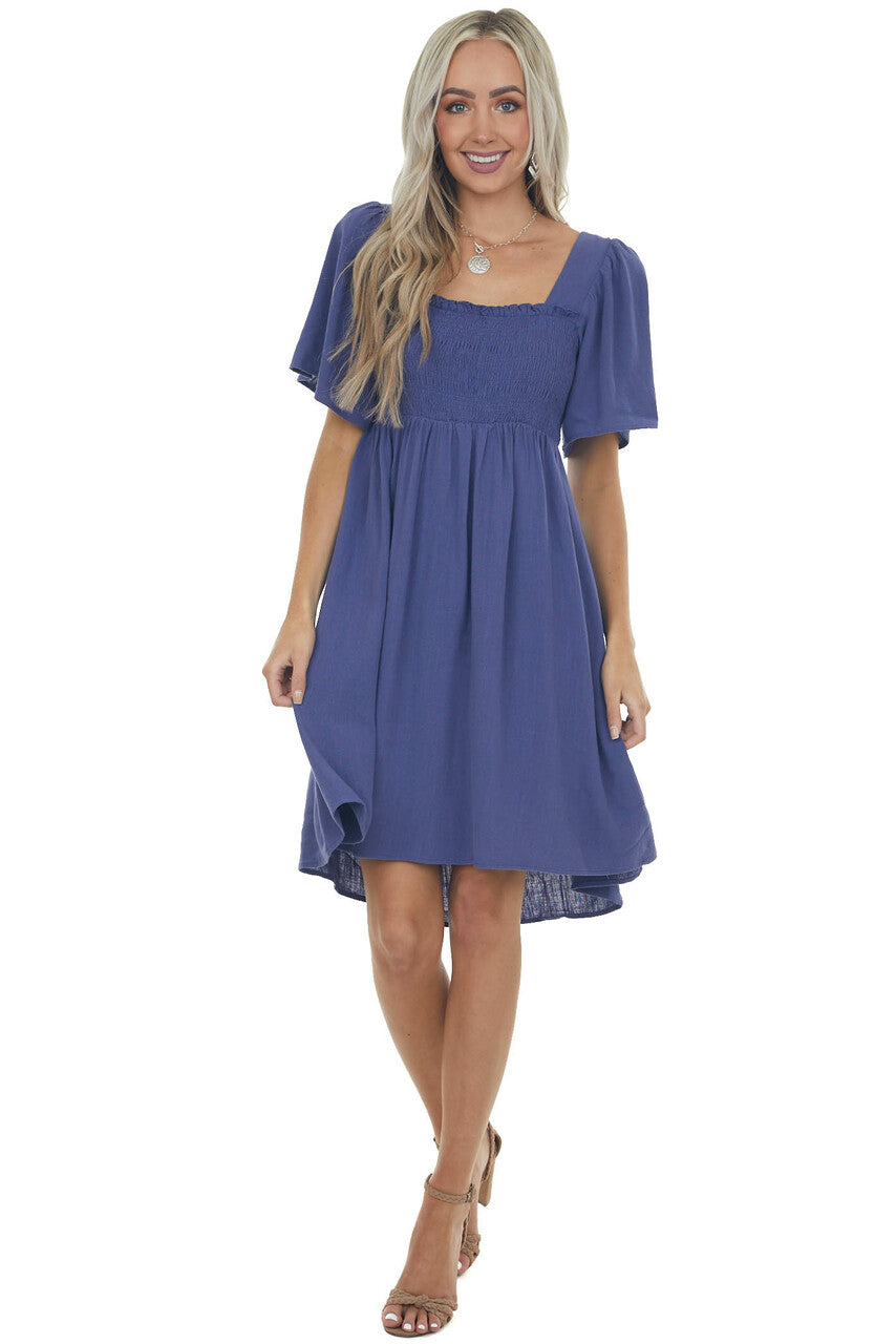 Dusty Blue Smocked Flutter Sleeve Linen Dress 