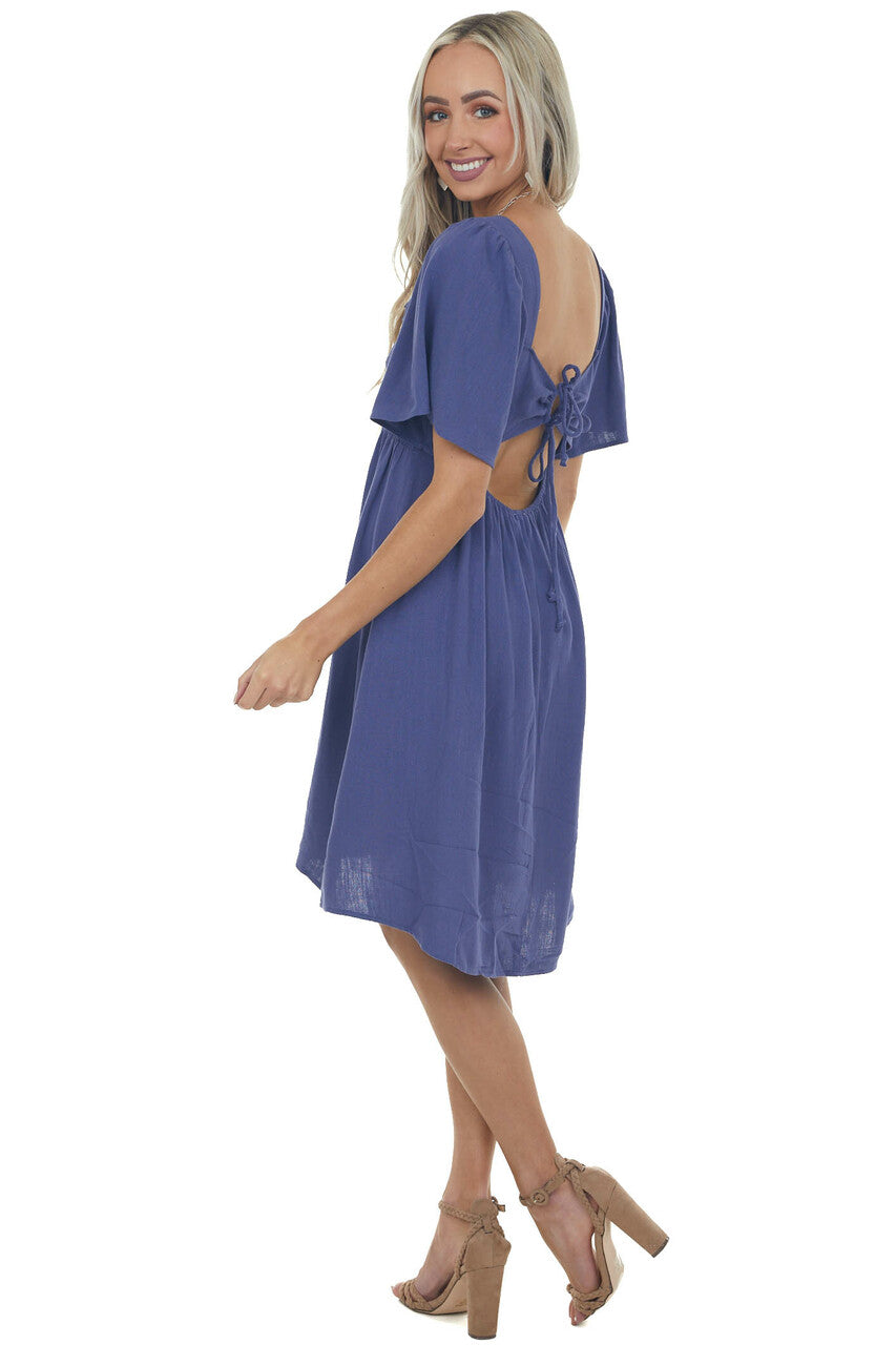 Dusty Blue Smocked Flutter Sleeve Linen Dress 