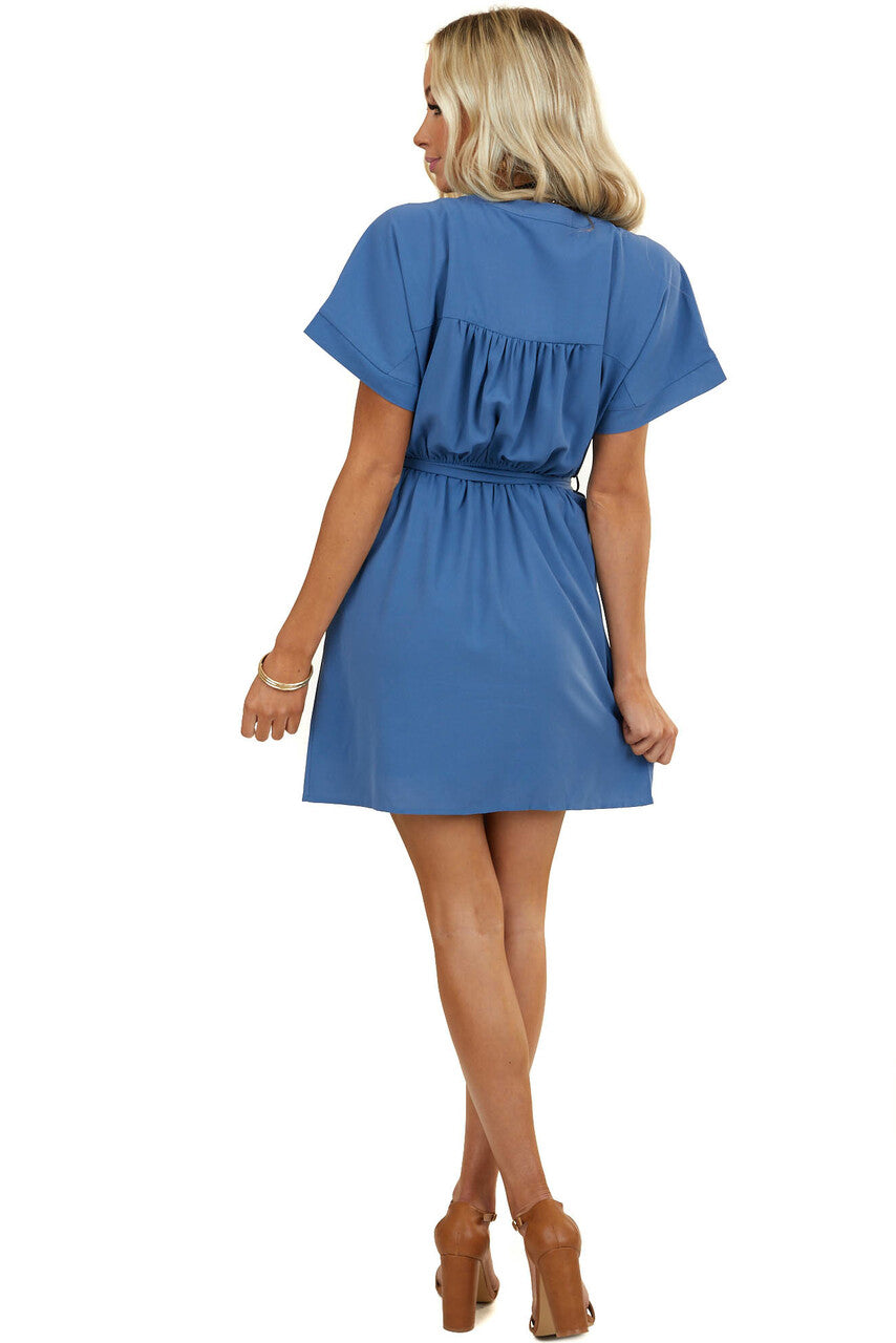 Dusty Blue Surplice Dress with Waist Tie and Pockets