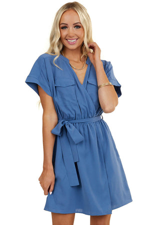 Dusty Blue Surplice Dress with Waist Tie and Pockets