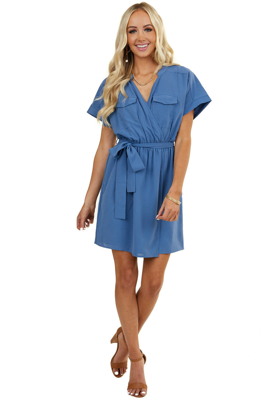 Dusty Blue Surplice Dress with Waist Tie and Pockets