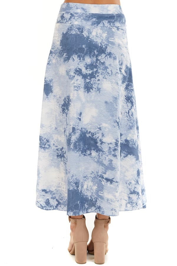 Dusty Blue Tie Dye High Rise Midi Skirt with Rounded Hemline back view