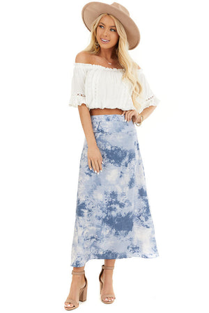 Dusty Blue Tie Dye High Rise Midi Skirt with Rounded Hemline front full body
