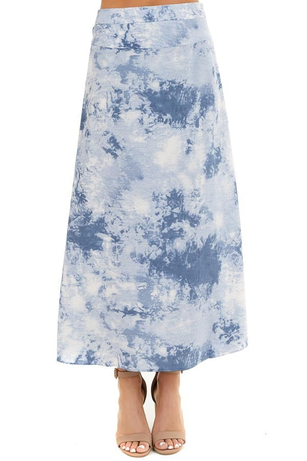 Dusty Blue Tie Dye High Rise Midi Skirt with Rounded Hemline front view