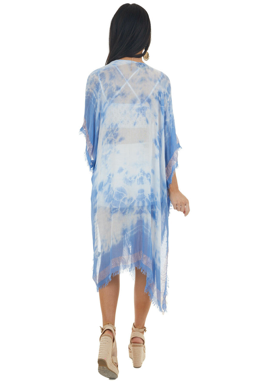 Dusty Blue Tie Dye Print Open Front Lightweight Kimono