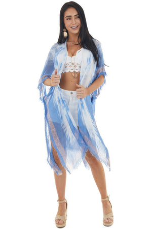 Dusty Blue Tie Dye Print Open Front Lightweight Kimono