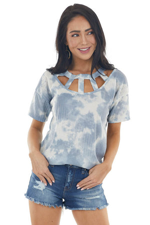Dusty Blue Tie Dye Short Sleeve Knit Top with Caged Neckline