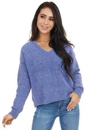 Dusty Blue Two Tone Slightly Cropped Sweater with V Neck
