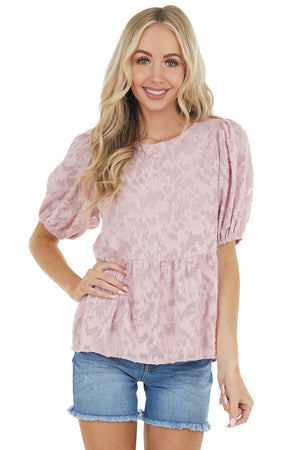 Dusty Blush Floral Lace Peplum Top with Short Puff Sleeves
