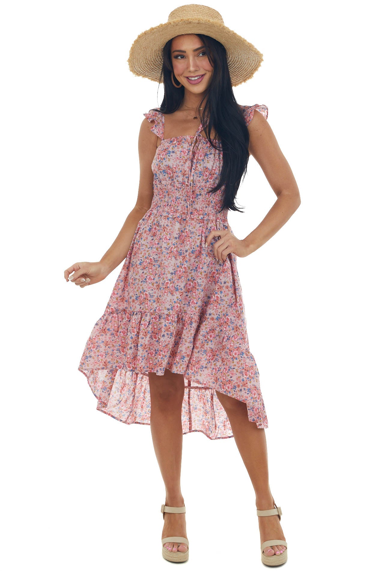 Dusty Blush Floral Sleeveless High Low Dress