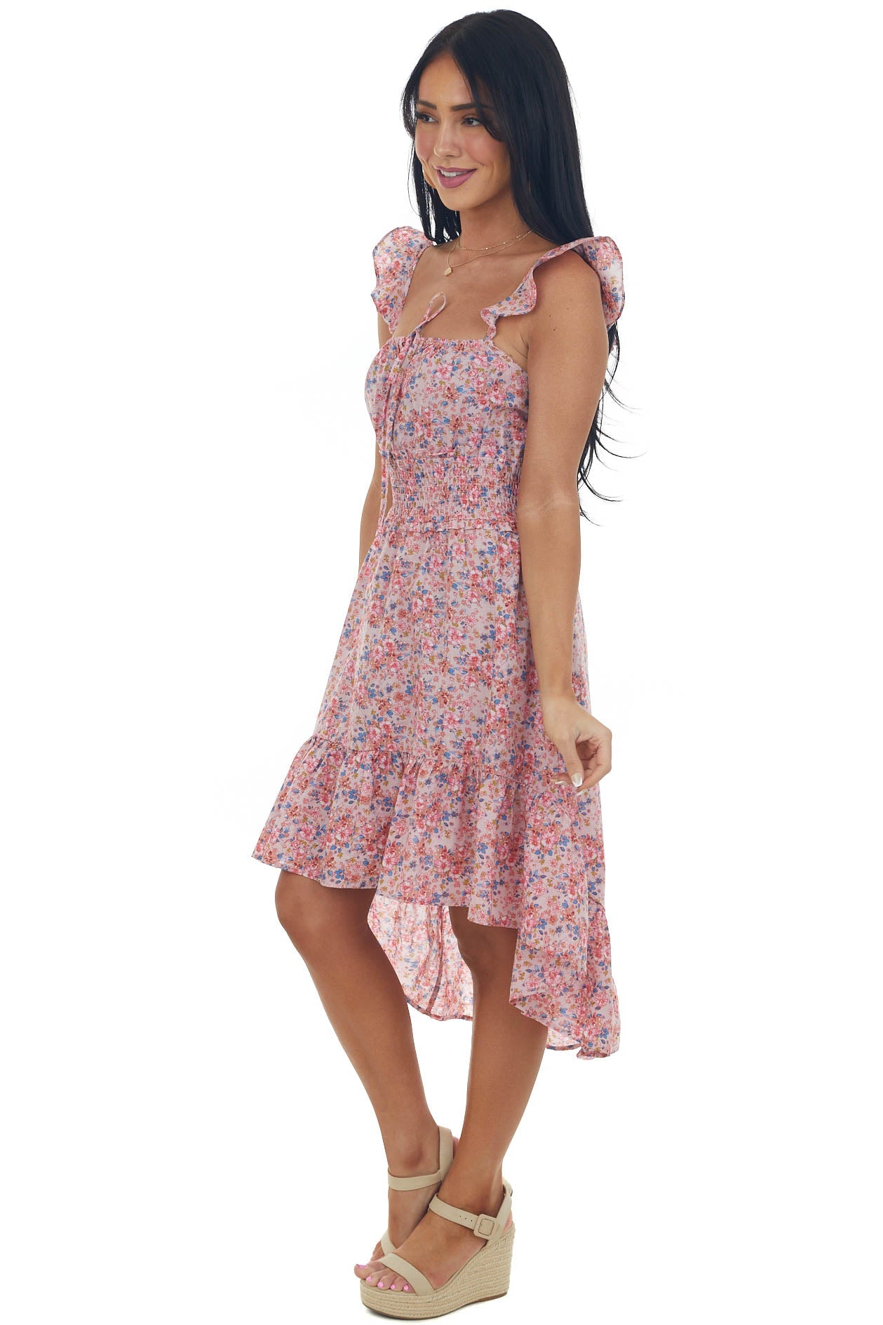 Dusty Blush Floral Sleeveless High Low Dress