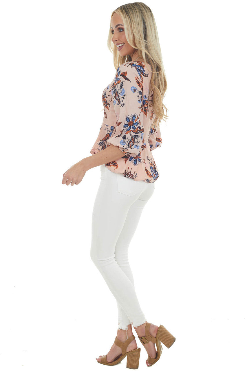 Dusty Blush Floral Smocked Long Sleeve Blouse 