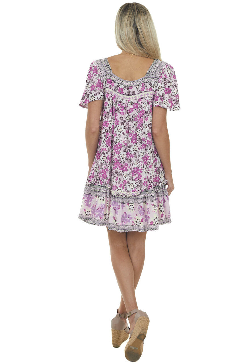 Lilac Floral Square Neck Mini Dress