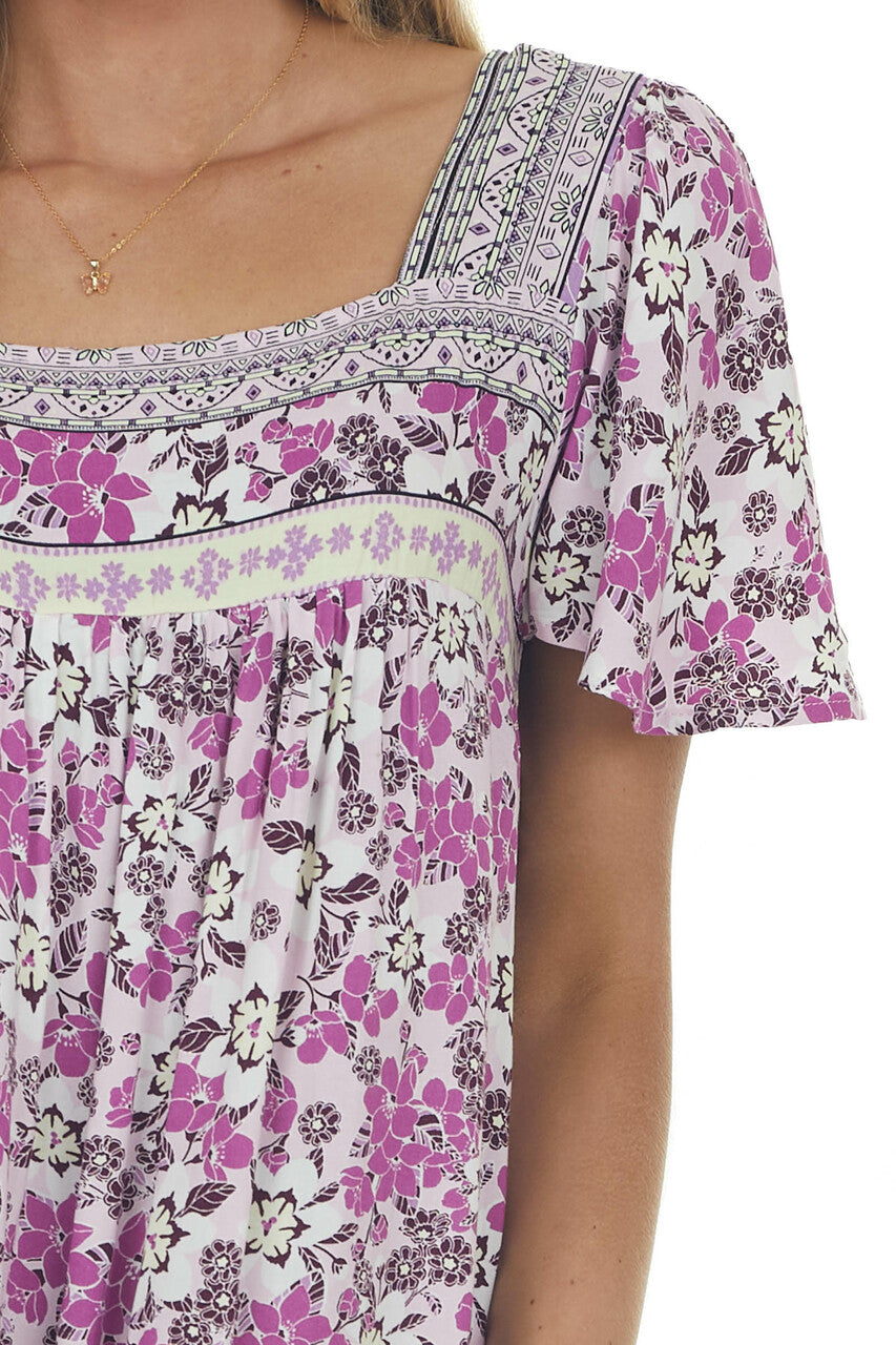 Lilac Floral Square Neck Mini Dress