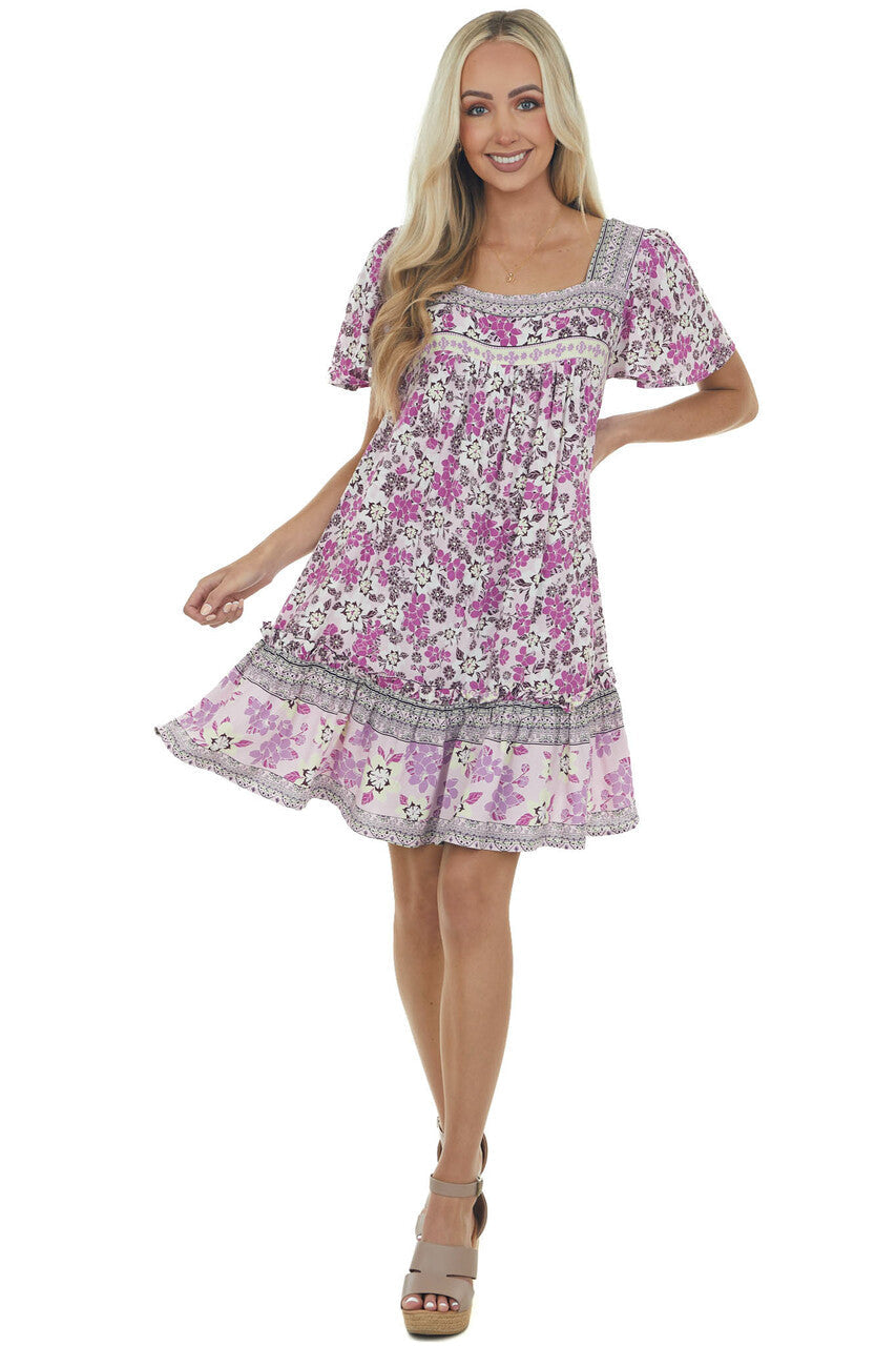 Lilac Floral Square Neck Mini Dress