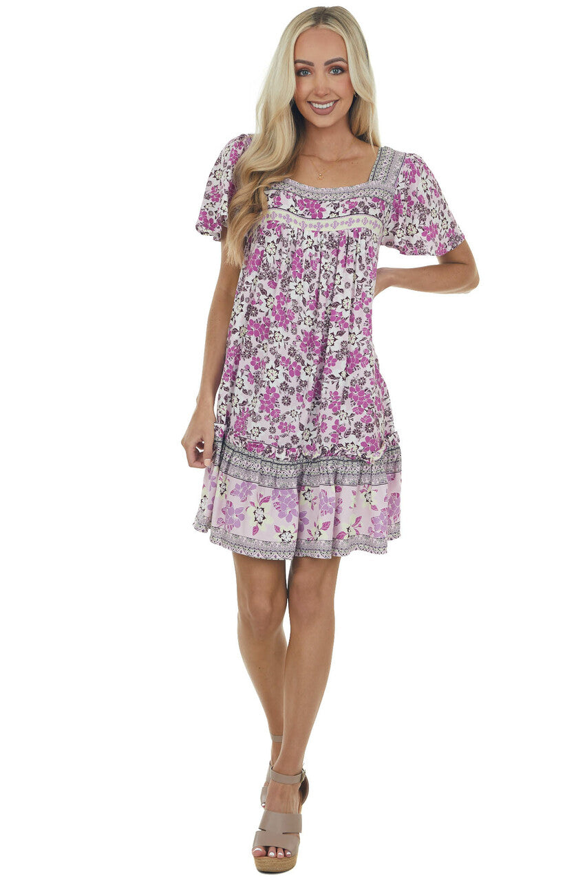 Lilac Floral Square Neck Mini Dress