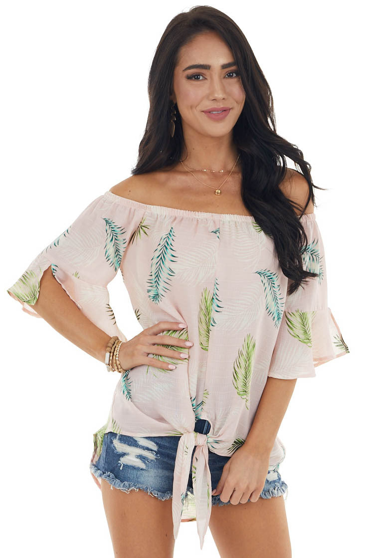 Dusty Blush Leaf Print Off Shoulder Blouse with Front Tie 