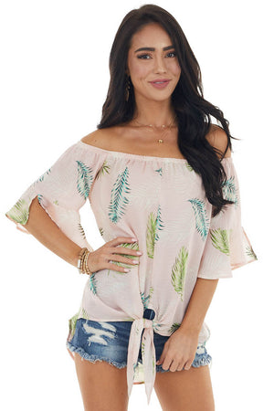 Dusty Blush Leaf Print Off Shoulder Blouse with Front Tie 