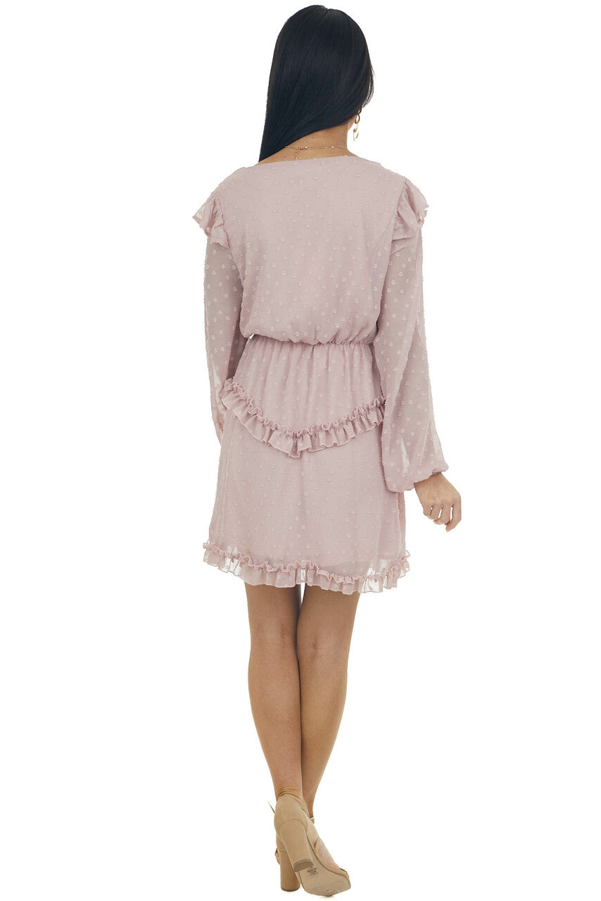 Dusty Blush Long Sleeve Ruffle Swiss Dot Dress