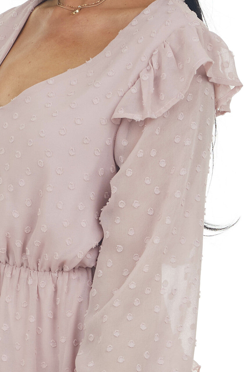 Dusty Blush Long Sleeve Ruffle Swiss Dot Dress
