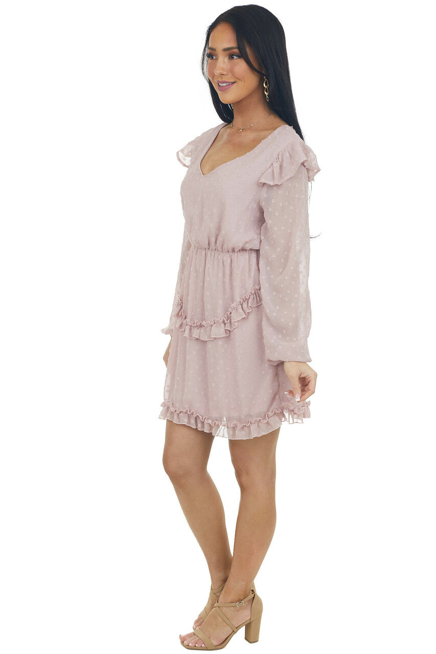 Dusty Blush Long Sleeve Ruffle Swiss Dot Dress