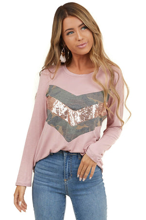 Dusty Blush Long Sleeve Top with Sequin and Camo Details 