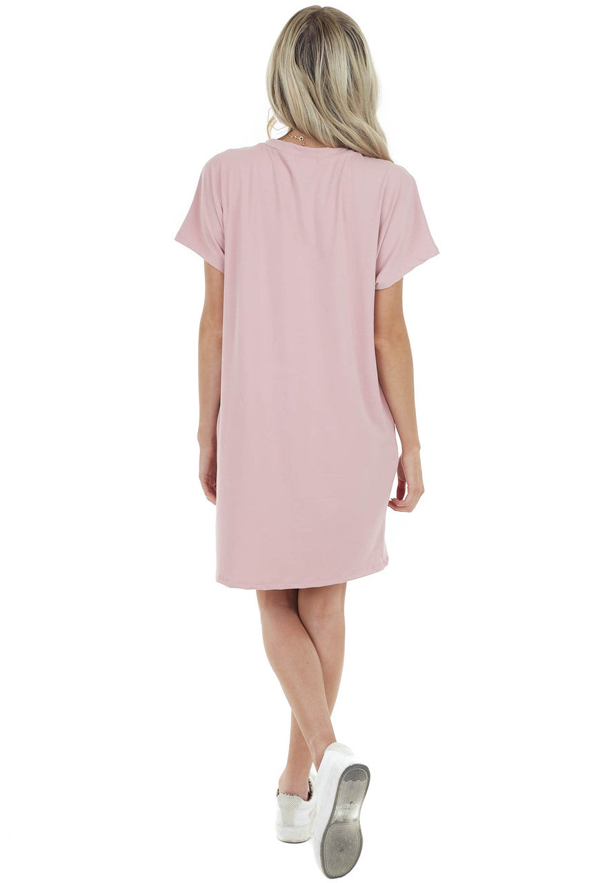 Dusty Blush Short Sleeve Tee Shirt Dress with Front Pocket